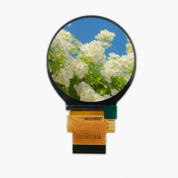 2.1-inch circular TFT LCD showing a vivid image on the round screen, with FPC tail visible.