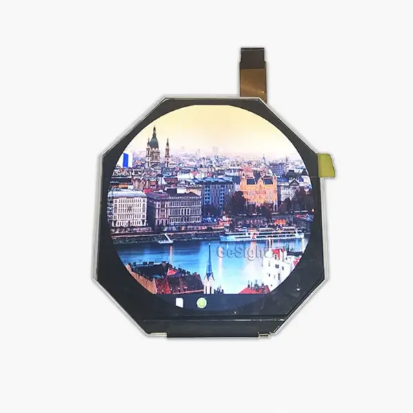 2.47-inch 480×480 TFT-LCD module powered on, showing a demo image on the screen.