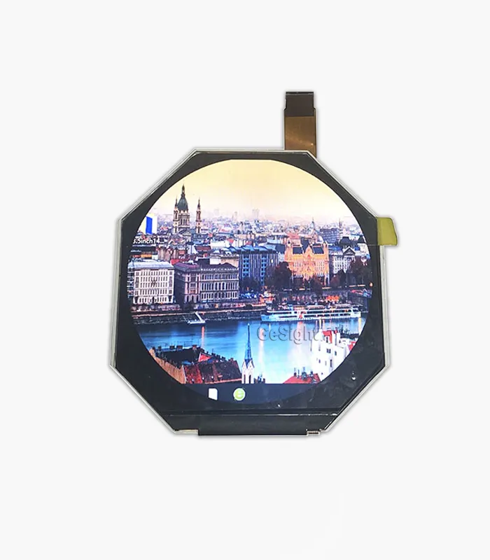 2.47-inch 480×480 TFT-LCD module powered on, showing a demo image on the screen.