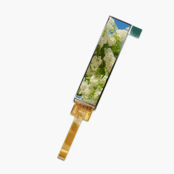 3.71-inch 240×960 bar TFT-LCD module showing a demo image on the screen, front view with FPC tail