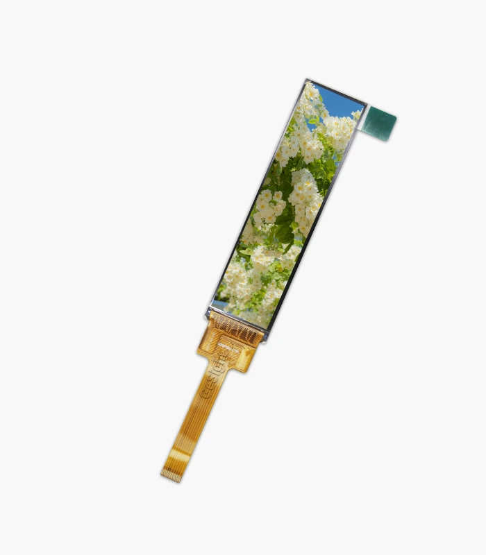 3.71-inch 240×960 bar TFT-LCD module showing a demo image on the screen, front view with FPC tail
