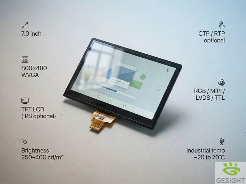 7-inch 800×480 TFT LCD display shown at an angle with key specs highlighted, including touch options, interfaces, brightness, and industrial temperature range.