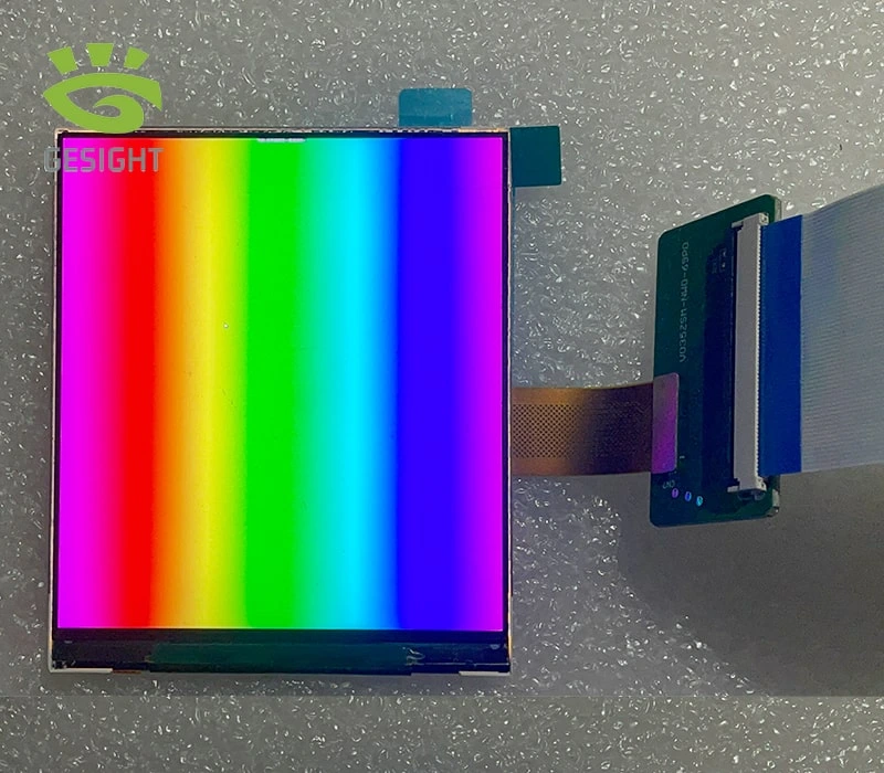 BOL035VRM90 3.5-inch 1440×1600 TFT-LCD microdisplay showing a rainbow color bar test pattern on a demo setup