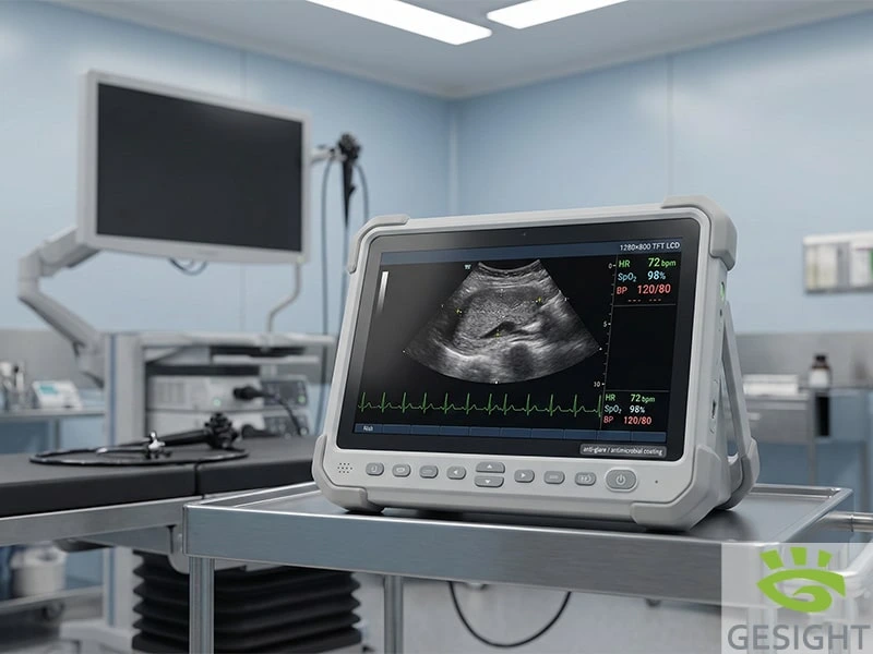 Medical ultrasound monitor in a clinical room, illustrating a TFT LCD display used for imaging and patient monitoring.