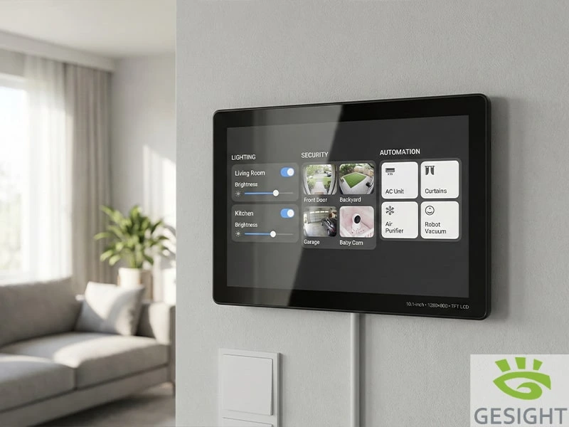 Wall-mounted smart home control panel with lighting, security, and automation UI on a 10.1-inch TFT LCD display.