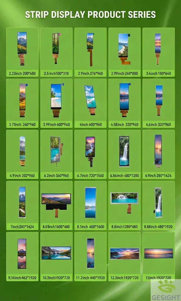 Strip display product series featuring ultra-wide and vertical LCD modules with different dimensions and resolutions.