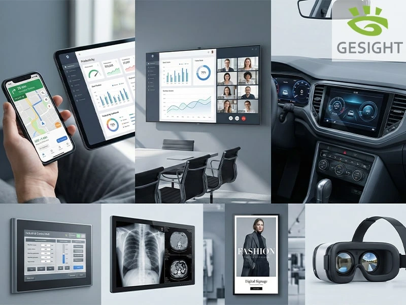 Application montage of TFT LCD displays used in smartphone navigation, meeting-room presentations, automotive cockpits, industrial control HMI, medical imaging, digital signage, and VR devices.