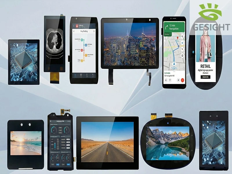 Collage of thin TFT LCD modules displaying navigation UI, industrial HMI panels, medical imaging, retail signage, and photoreal scenes.