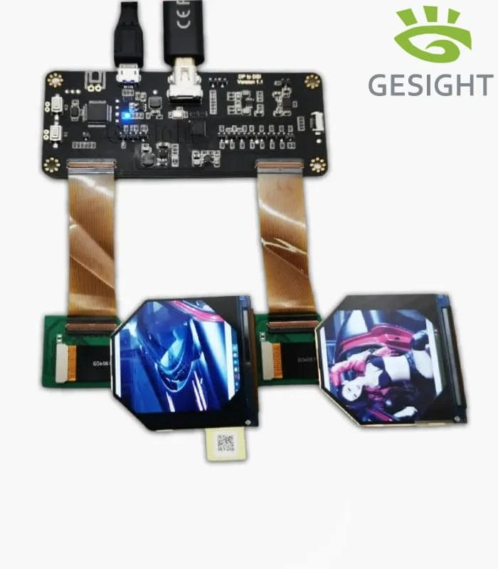 Dual BOE VS021XRM-NW0-DKP0 2.1-inch 1600×1600 square TFT-LCD modules connected to an evaluation board via FPC cables, showing active display output.