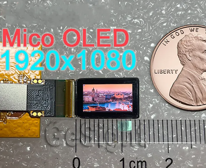 0.49-inch FHD (1920×1080) AMOLED microdisplay module with ruler and coin for size reference