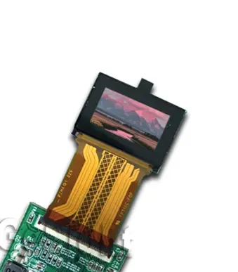 0.71-inch AMOLED microdisplay displaying a landscape image while connected via FPC to a small demo board.