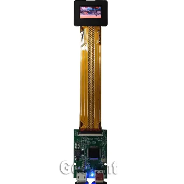 0.71-inch Micro OLED display powered on with a controller board demo kit, front view.