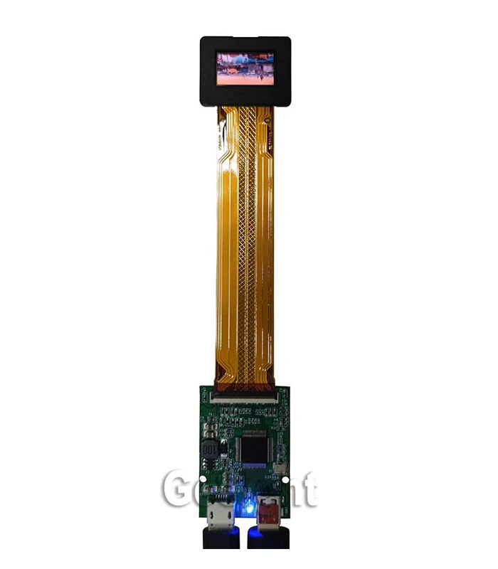 0.71-inch Micro OLED display powered on with a controller board demo kit, front view.