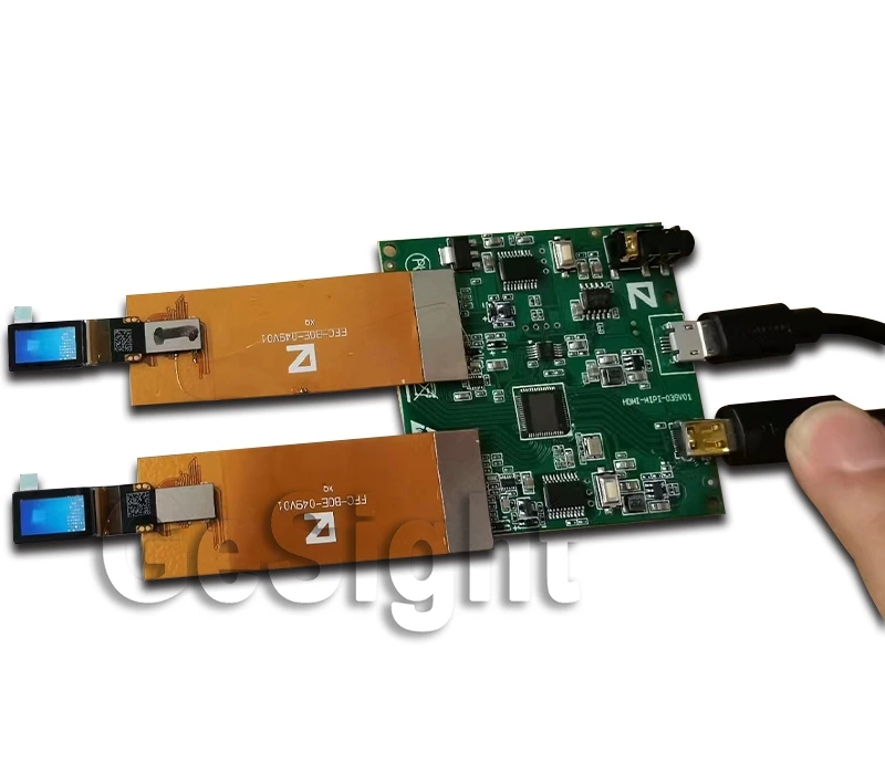 microdisplays connected to an HDMI controller board for testing and demo