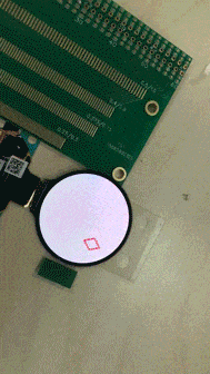 Animated demo of a 1.2-inch 390x390 circular AMOLED display switching between different images on screen.