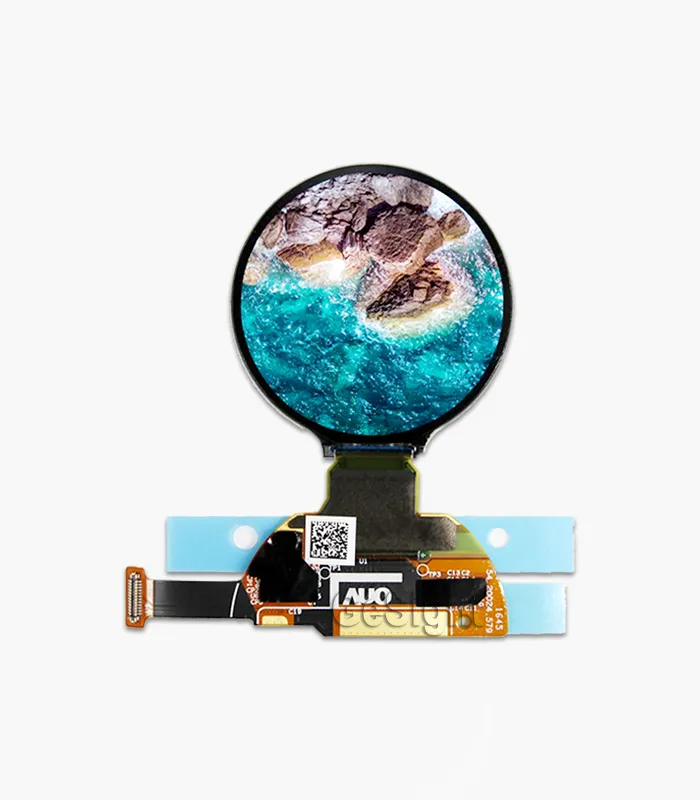 Front view of a 1.2-inch 390x390 circular AMOLED display module on a white background.