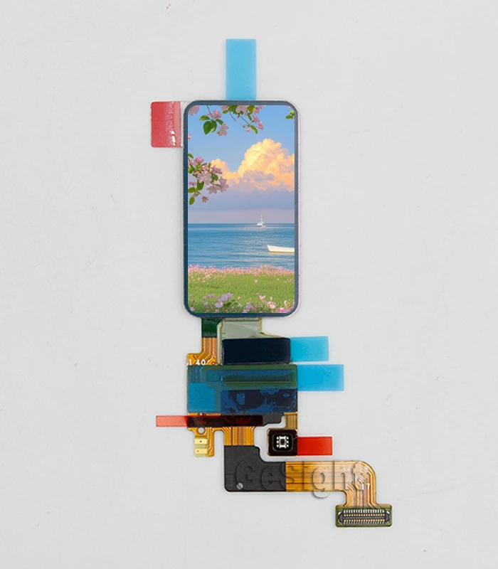 1.47-inch AMOLED touch display module showing a colorful demo image on screen