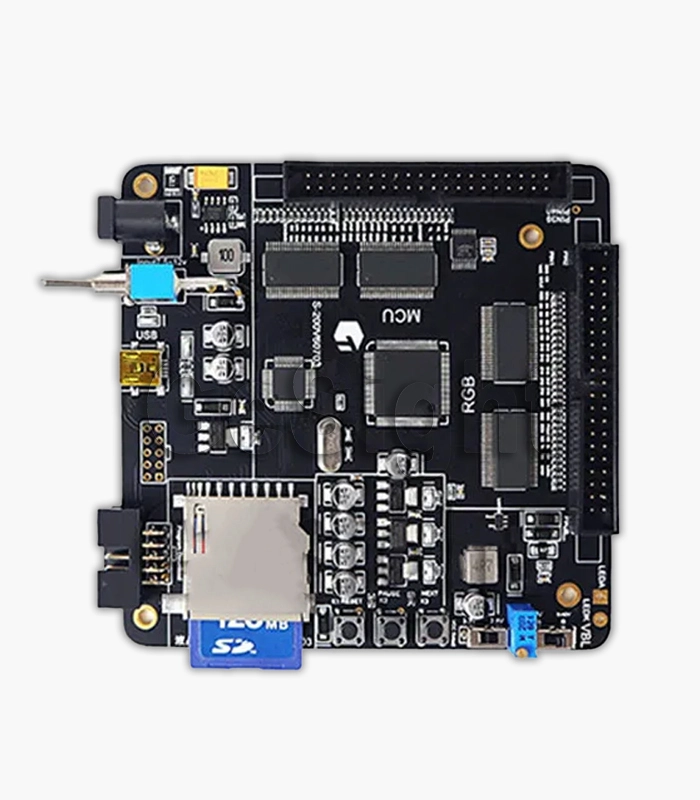 MCU controller board for GO15F120SPI display testing, with connectors and SD card slot (top view).