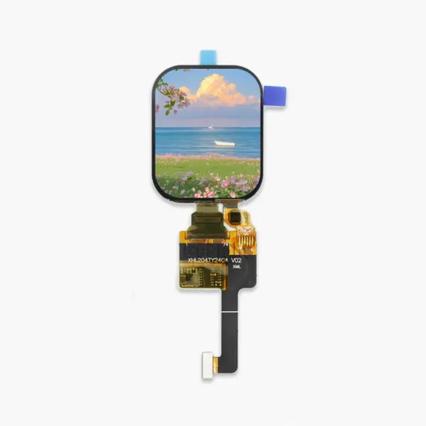 2.04-inch 368×448 AMOLED display showing colorful demo image on screen