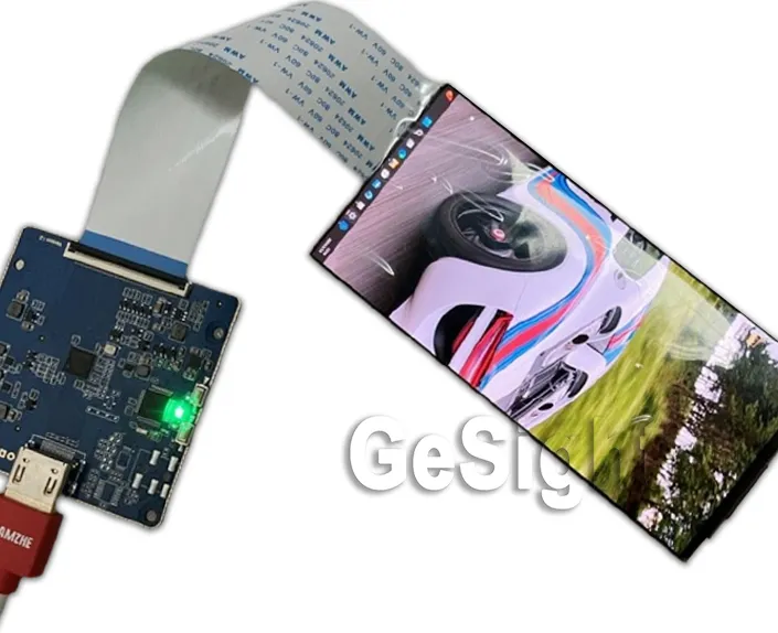 5.1-inch flexible AMOLED display connected to an HDMI controller board via ribbon cable, showing a car image