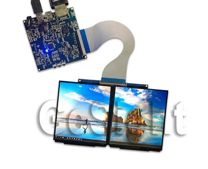 AMOLED display demo setup with controller board and dual screens