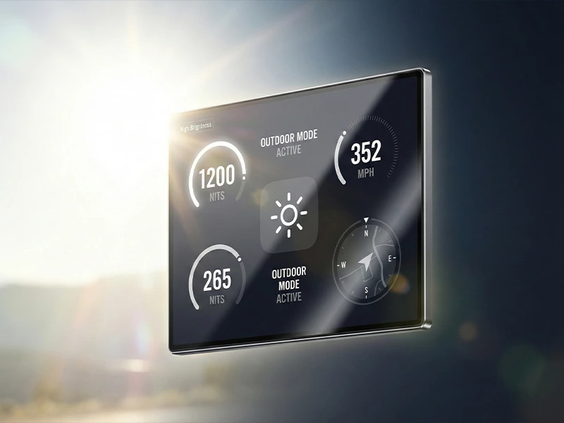 High-brightness display in strong sunlight showing outdoor mode UI, highlighting sunlight-readable visibility.