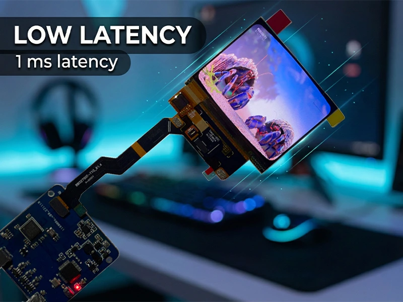 Display module on a flex cable and controller board with “Low Latency” and “1 ms latency” callout, highlighting fast response performance.