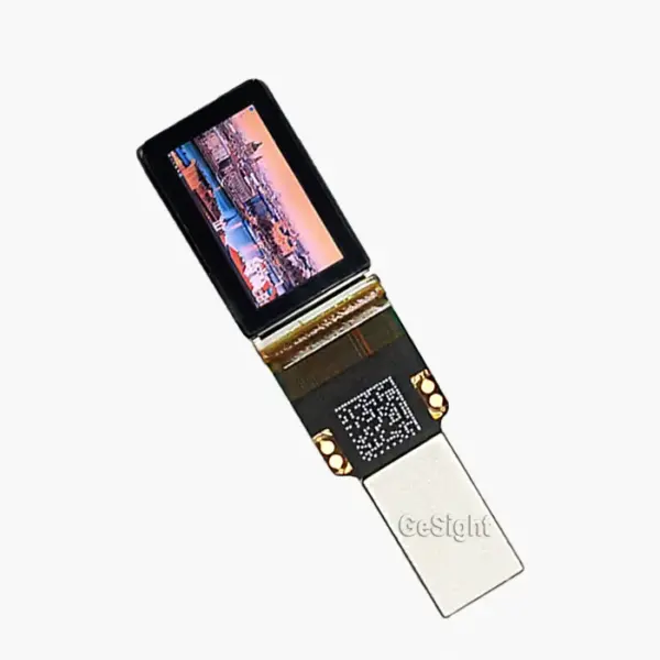 microdisplay module powered on, angled view with demo content