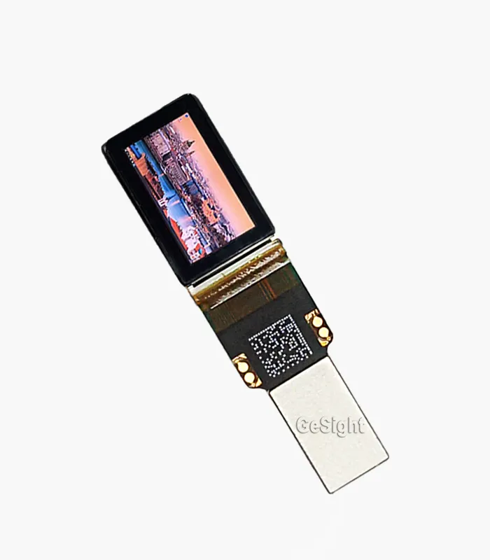 microdisplay module powered on, angled view with demo content