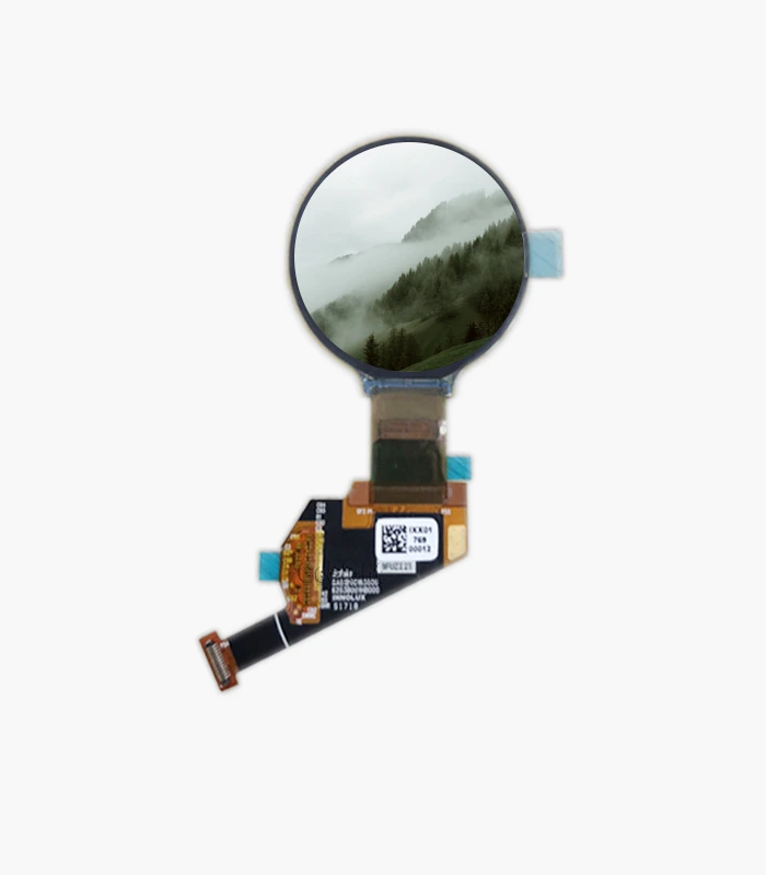 PO139FN01F 1.39-inch circular AMOLED display module showing a landscape image on the round screen with black bezel on white background