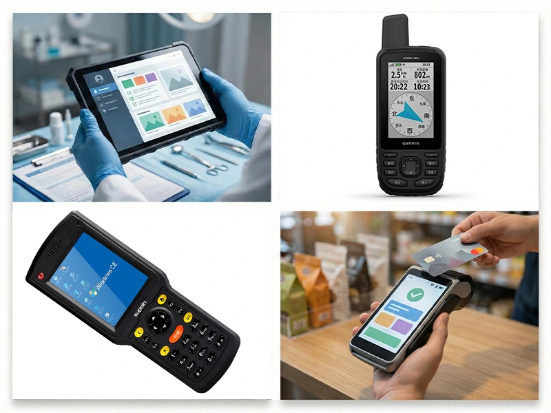 Collage of portable terminals including a rugged tablet, handheld devices, and a payment scanner used in real-world mobile workflows.