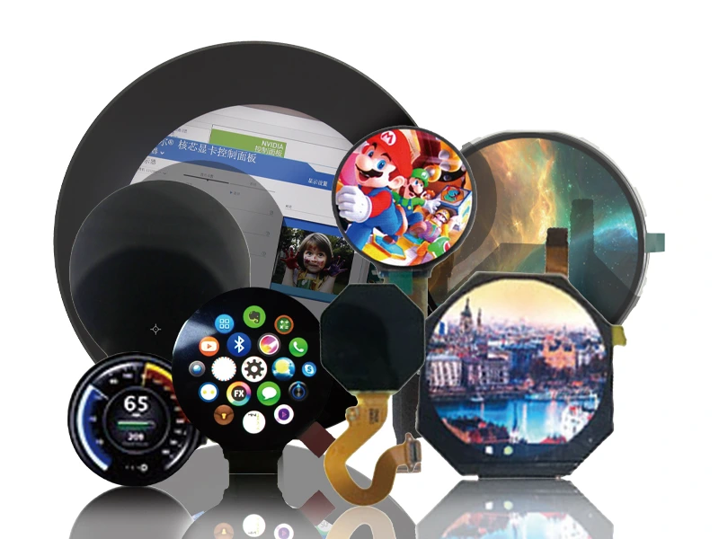 Collection of round and circular display modules with different sizes and sample interfaces, representing round screen options.
