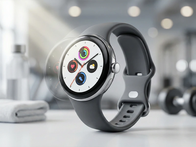 Round smart watch in a gym setting showing a colorful wearable UI on the screen, highlighting a compact smartwatch display.