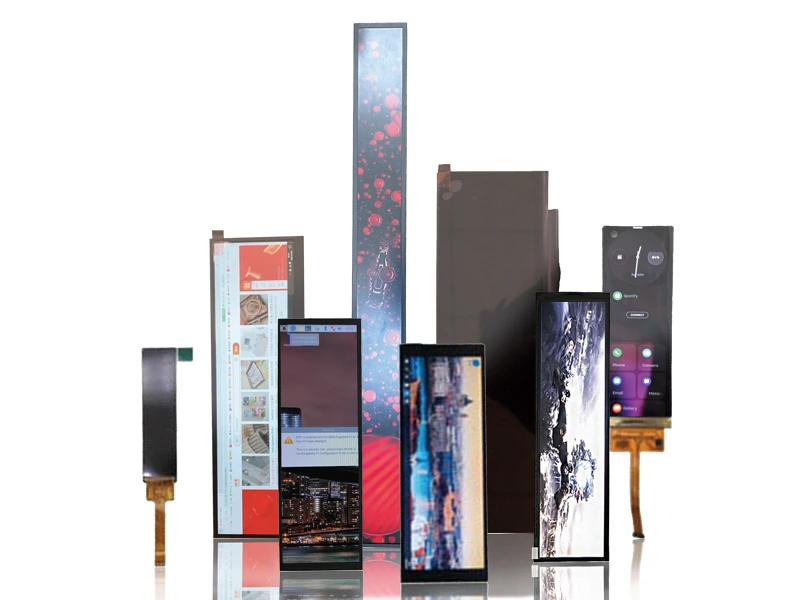 Assortment of stretched bar LCD and ultra-wide display modules in various tall and narrow formats for digital signage and dashboards.