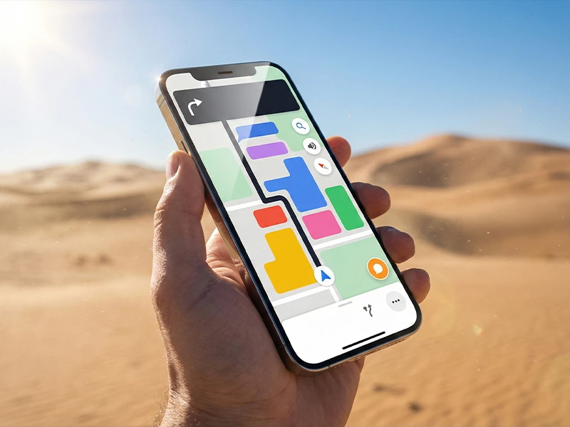 Hand holding a smartphone in a bright desert with a clear map interface visible under strong sunlight, illustrating sunlight readability.