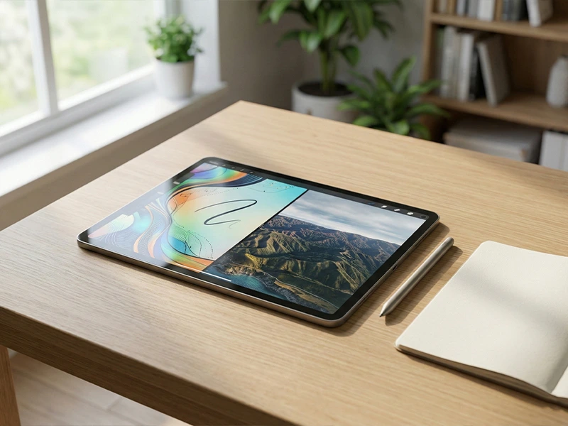 Tablet display on a wooden desk with a stylus, showing a split-screen of colorful artwork and a landscape photo in a bright home office setting.