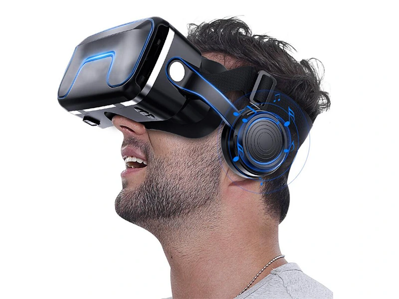Person wearing a VR headset with headphones, illustrating immersive virtual reality use.