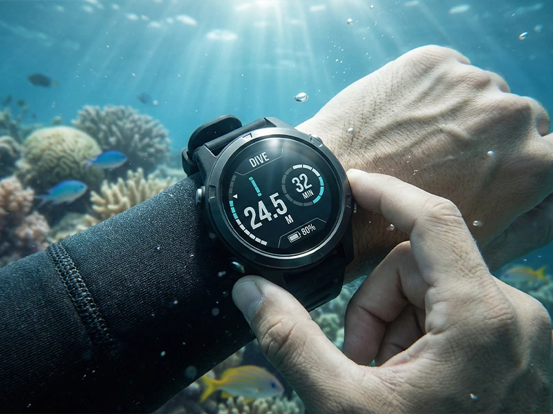 Underwater diver using a dive computer on the wrist, demonstrating a wearable display in an ocean environment.