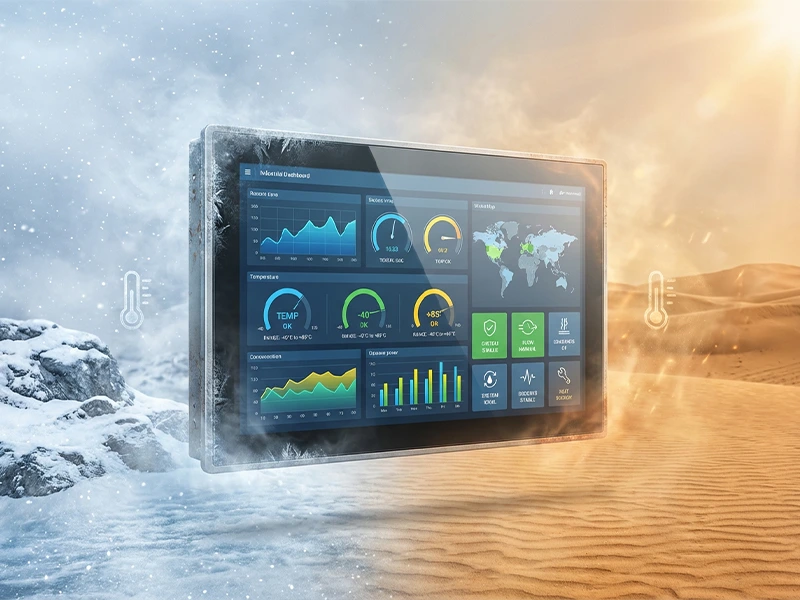 Wide temperature display showing a dashboard UI between icy snow and hot desert environments, illustrating stable operation in extreme conditions.