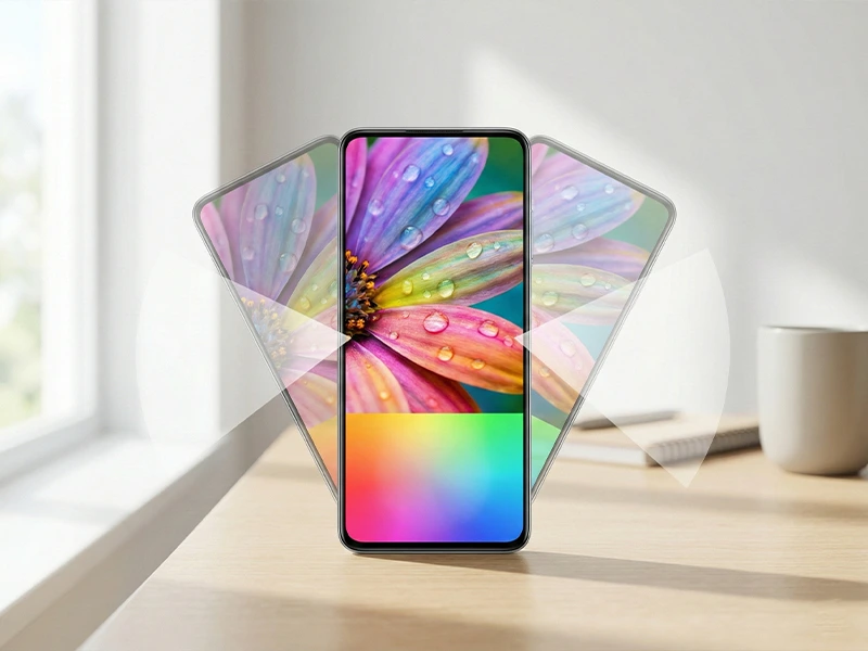 Smartphone display shown at wide viewing angles with translucent left and right angle afterimages, keeping the same vivid flower image and color gradient on a bright desk.