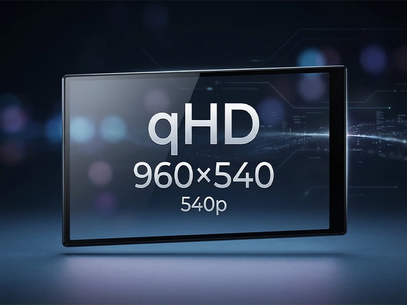 qHD (960×540) 540p resolution shown on a compact display panel with a dark tech bokeh background.