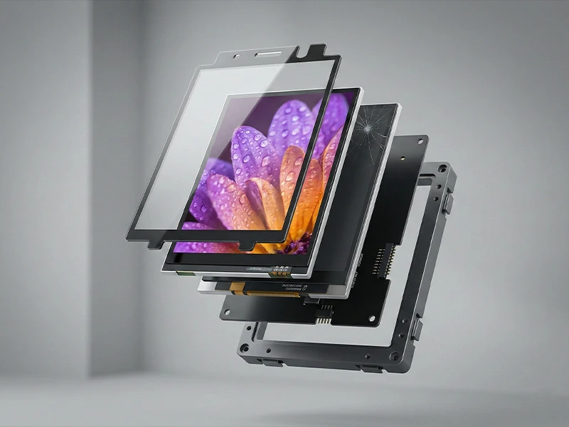 Exploded-view modular display assembly with replaceable screen layers, showing quick screen replacement and easy maintenance.