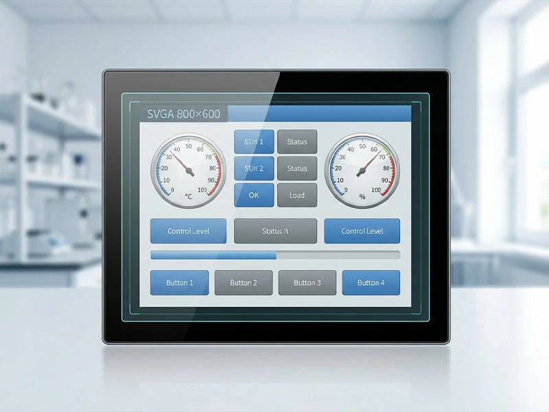 Front-view SVGA 800×600 (4:3) display showing a clean industrial HMI dashboard UI with gauges and control buttons.