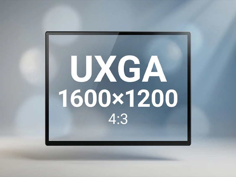 Front-view 4:3 display showing “UXGA 1600×1200” with a clean minimal studio background.